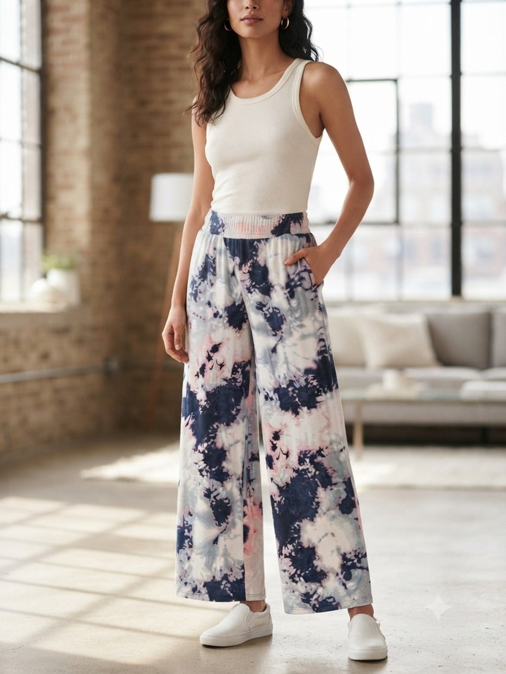 Derek Heart White, Navy & Pink Tie-Dye Wide Leg Pants
